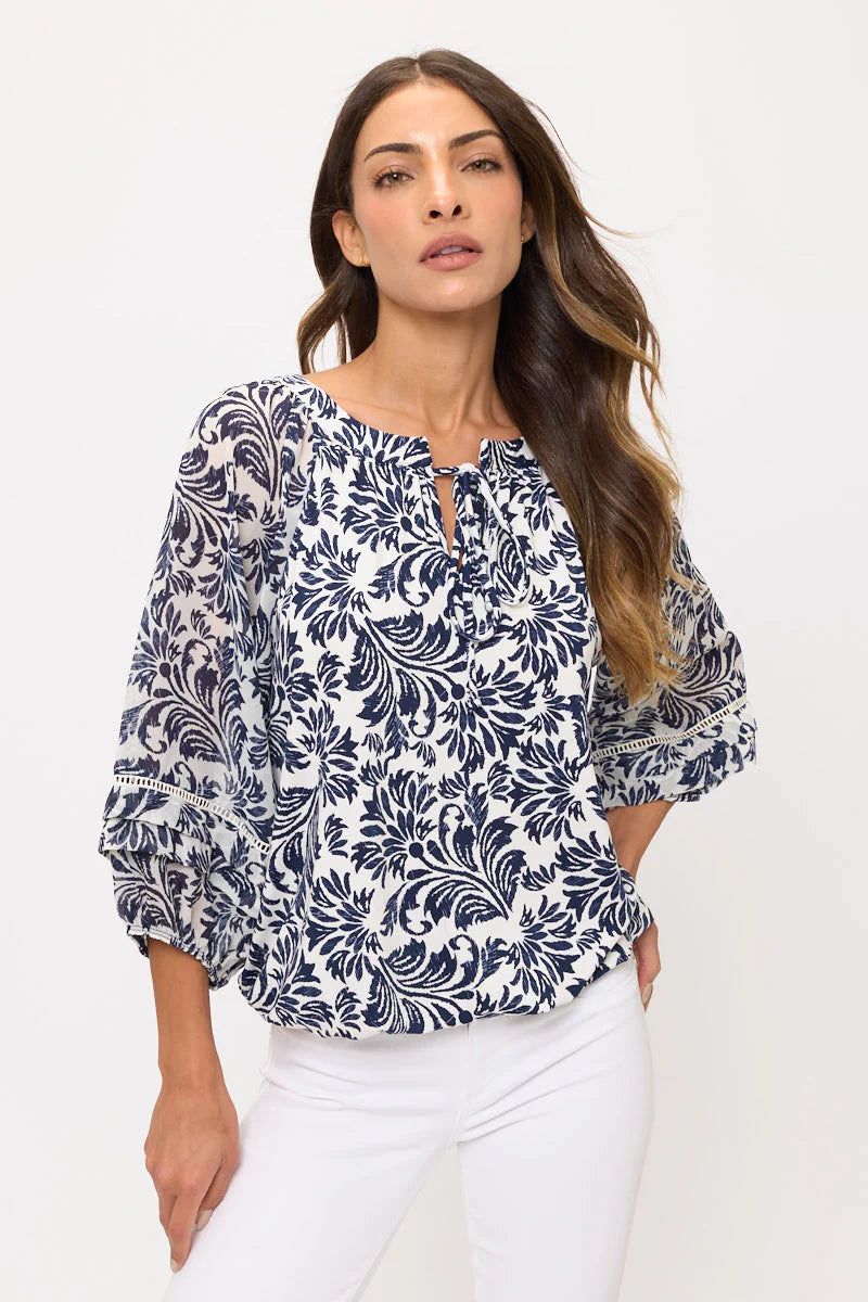 Floral Mixed Media Peasant Top - Cream/Navy