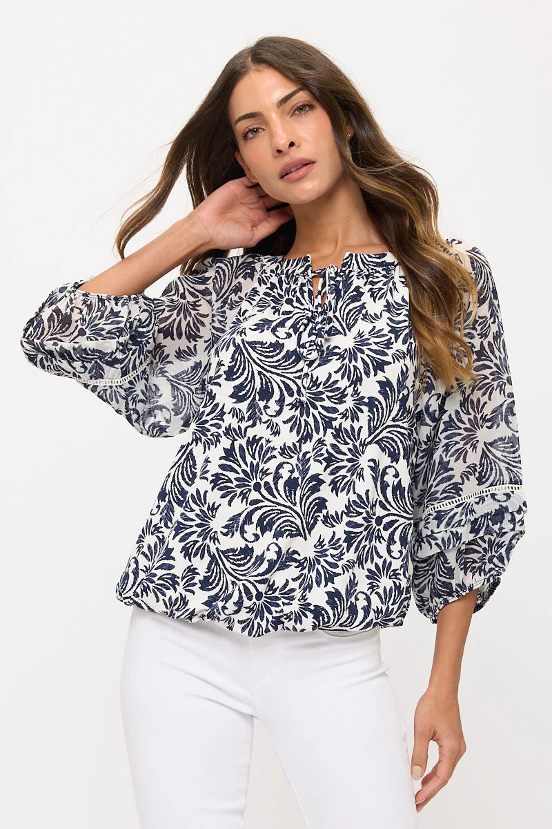 Floral Mixed Media Peasant Top - Cream/Navy
