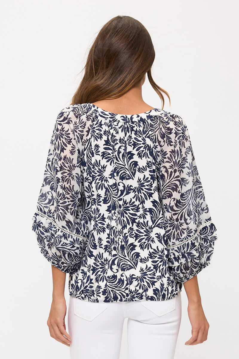Floral Mixed Media Peasant Top - Cream/Navy