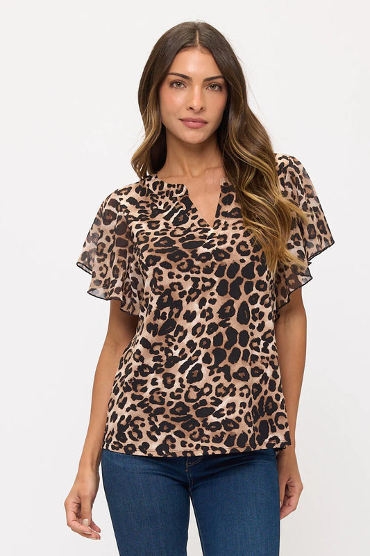 Animal Print Flutter Sleeve Top - Taupe/Black