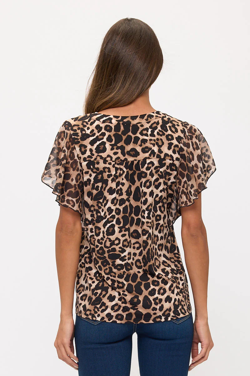 Animal Print Flutter Sleeve Top - Taupe/Black
