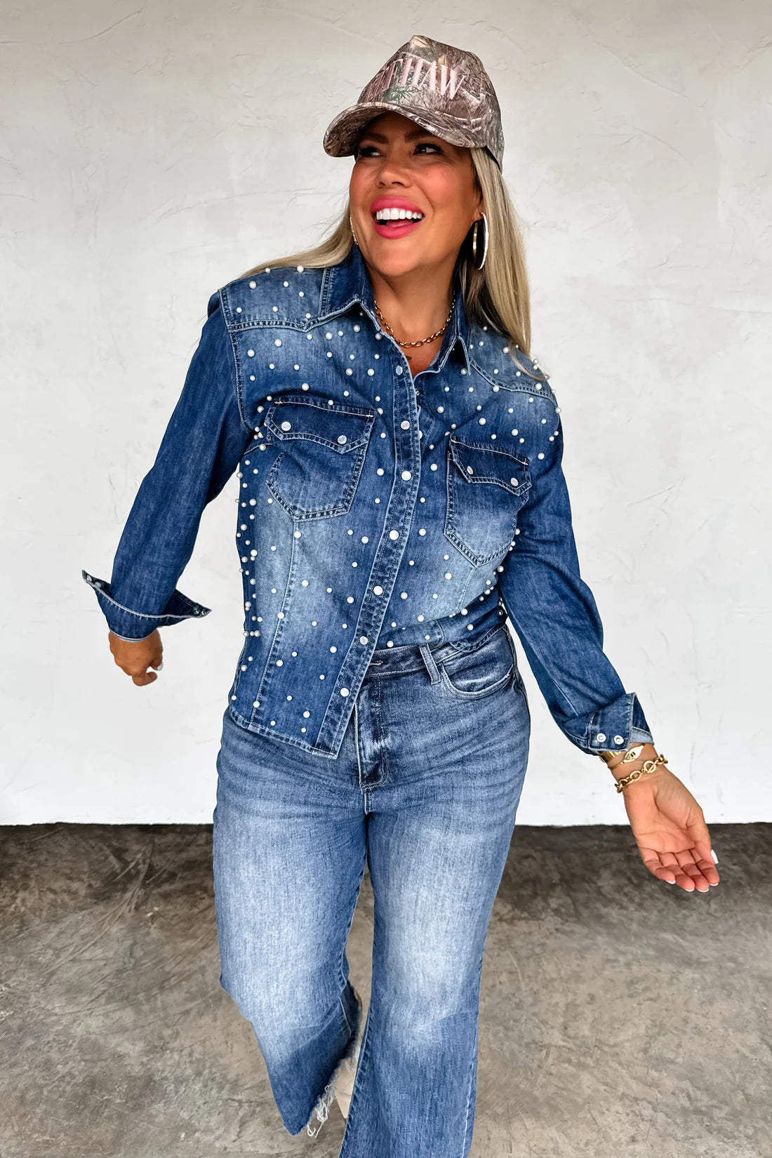 Classic Denim Top with Pearls