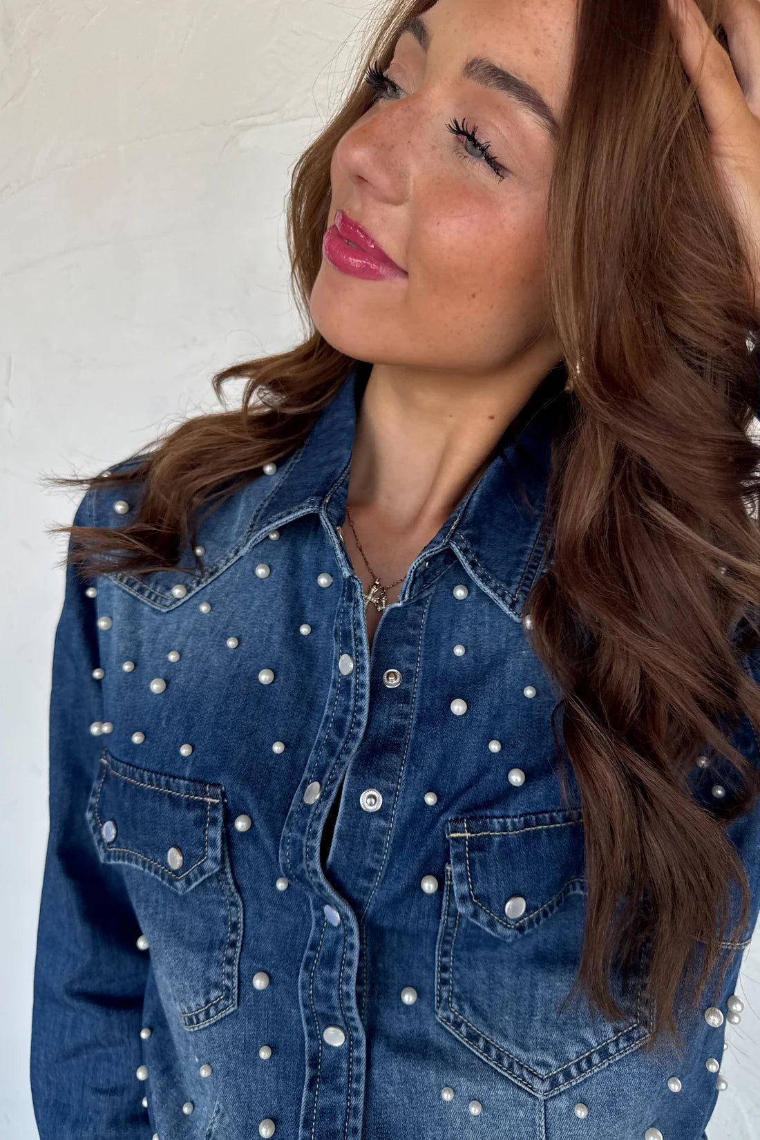 Classic Denim Top with Pearls