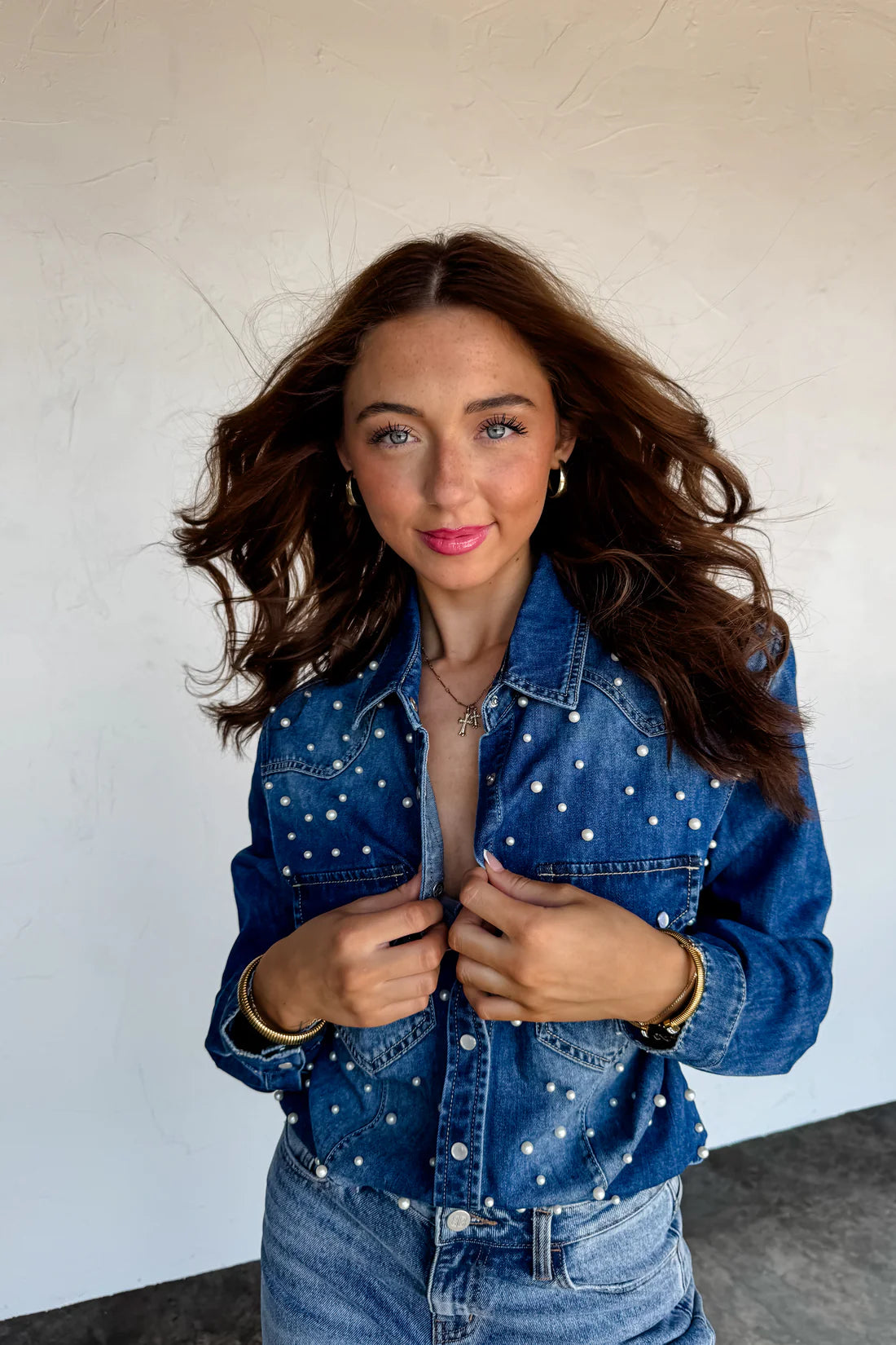 Classic Denim Top with Pearls