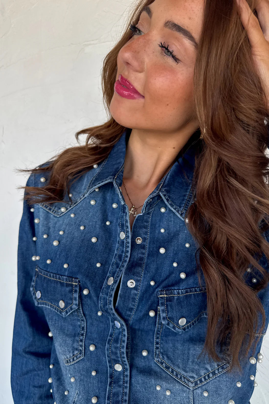 Classic Denim Top with Pearls