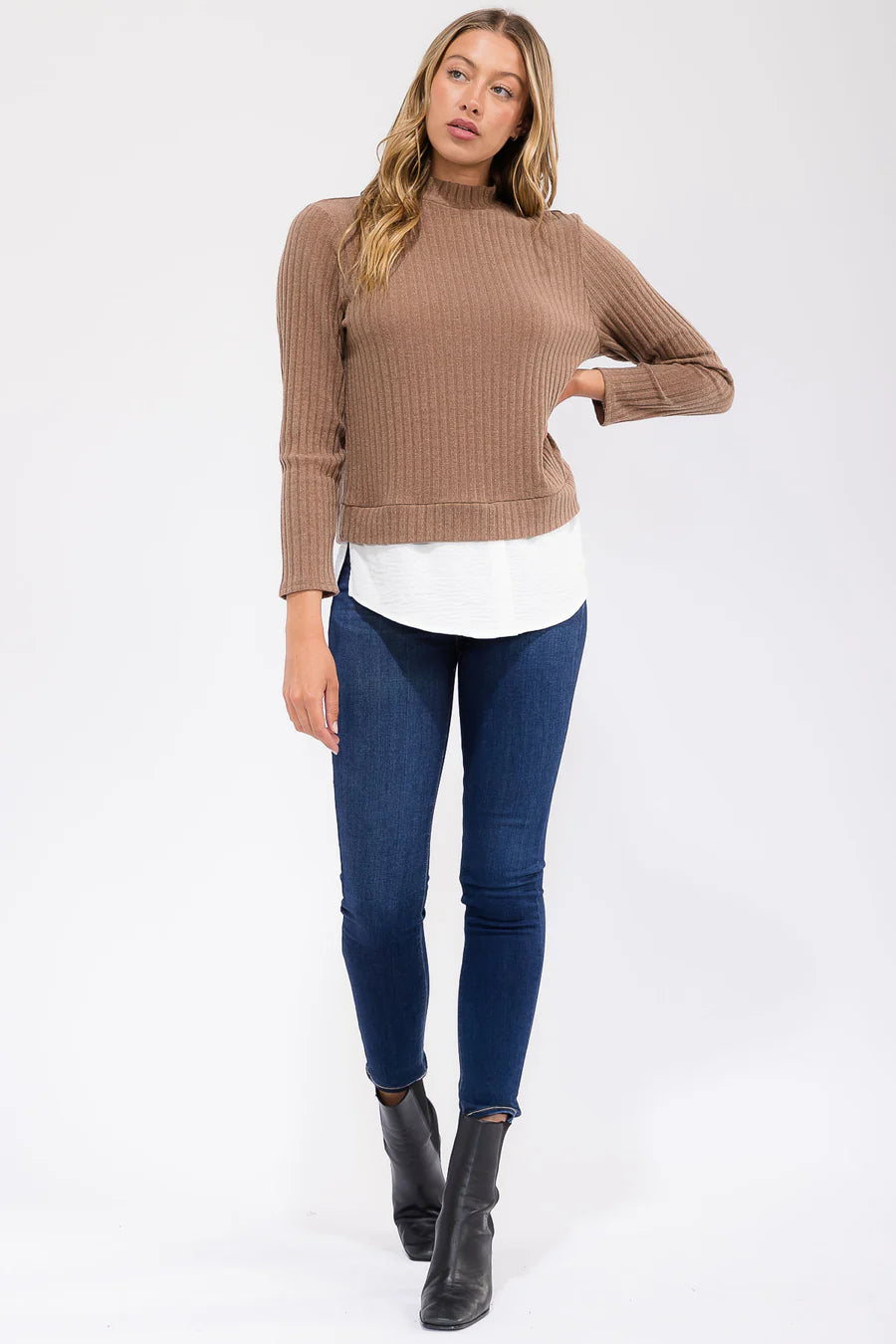 Mixed Media Mockneck Top - Mocha