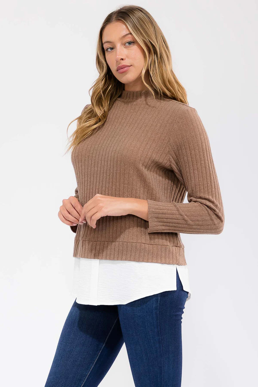 Mixed Media Mockneck Top - Mocha