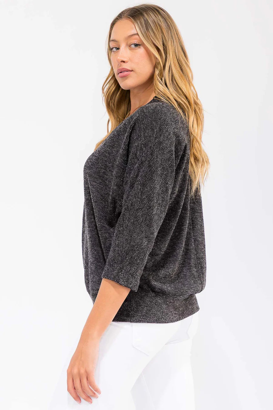 V Neck Dolman Sweater -Black Charcoal
