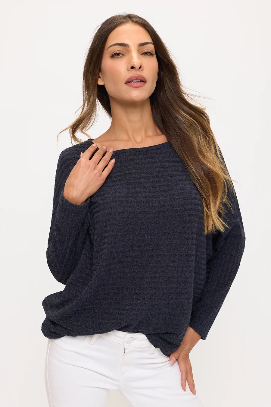 Scoop Neck Dolman Rib Sweater - Navy