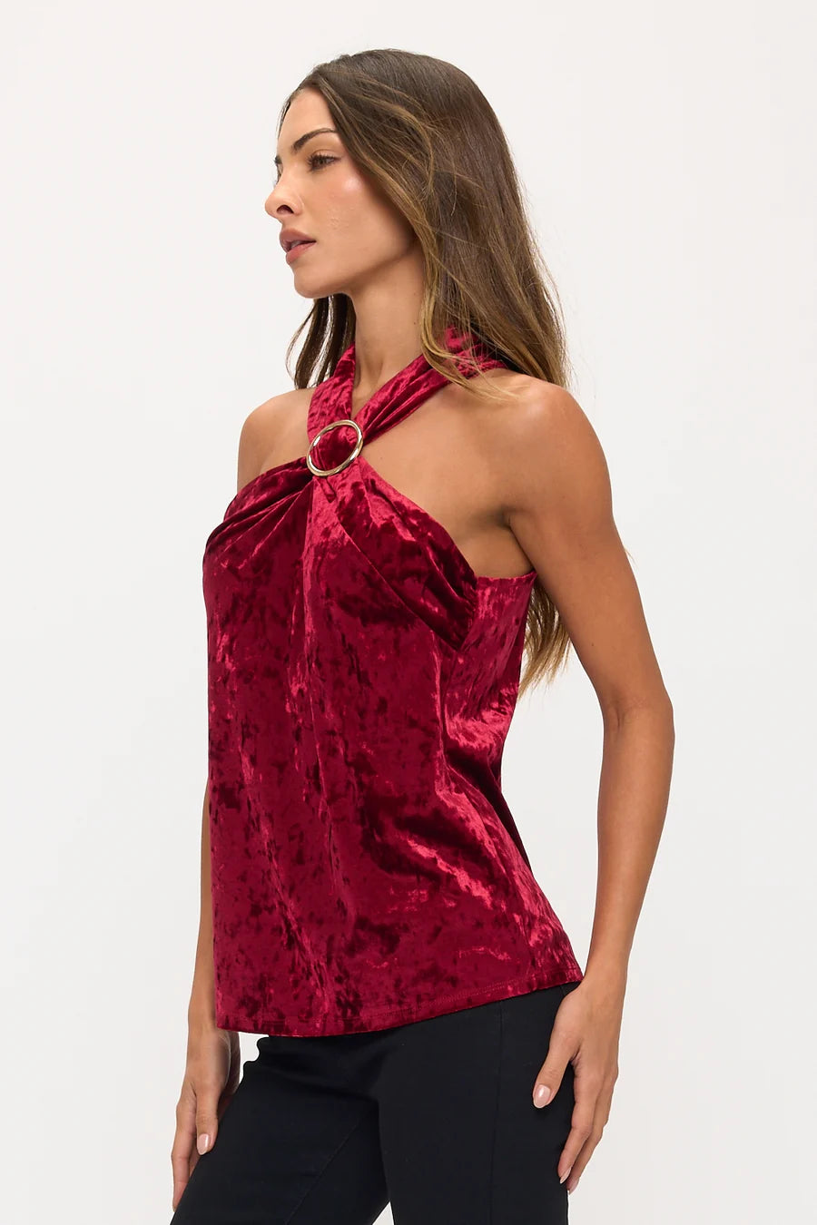 Velvet O Ring Halter Top - Burgundy