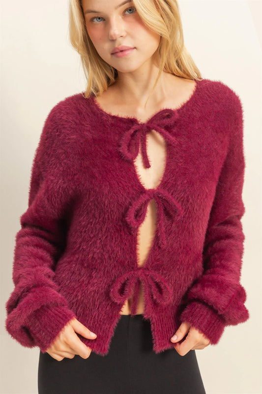 Front Ties Fuzzy Sweater - Wine