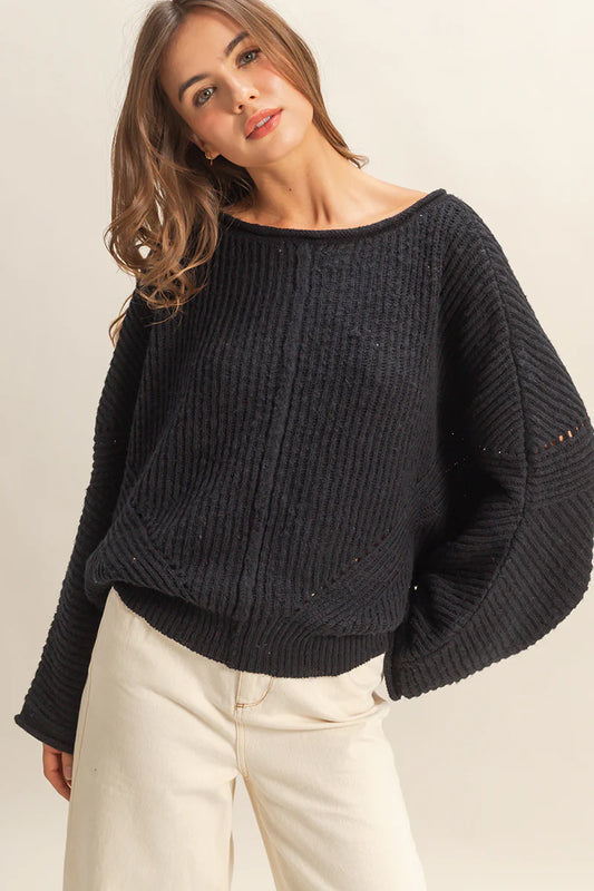 Ribbed Drop Sleeve Sweater - Black