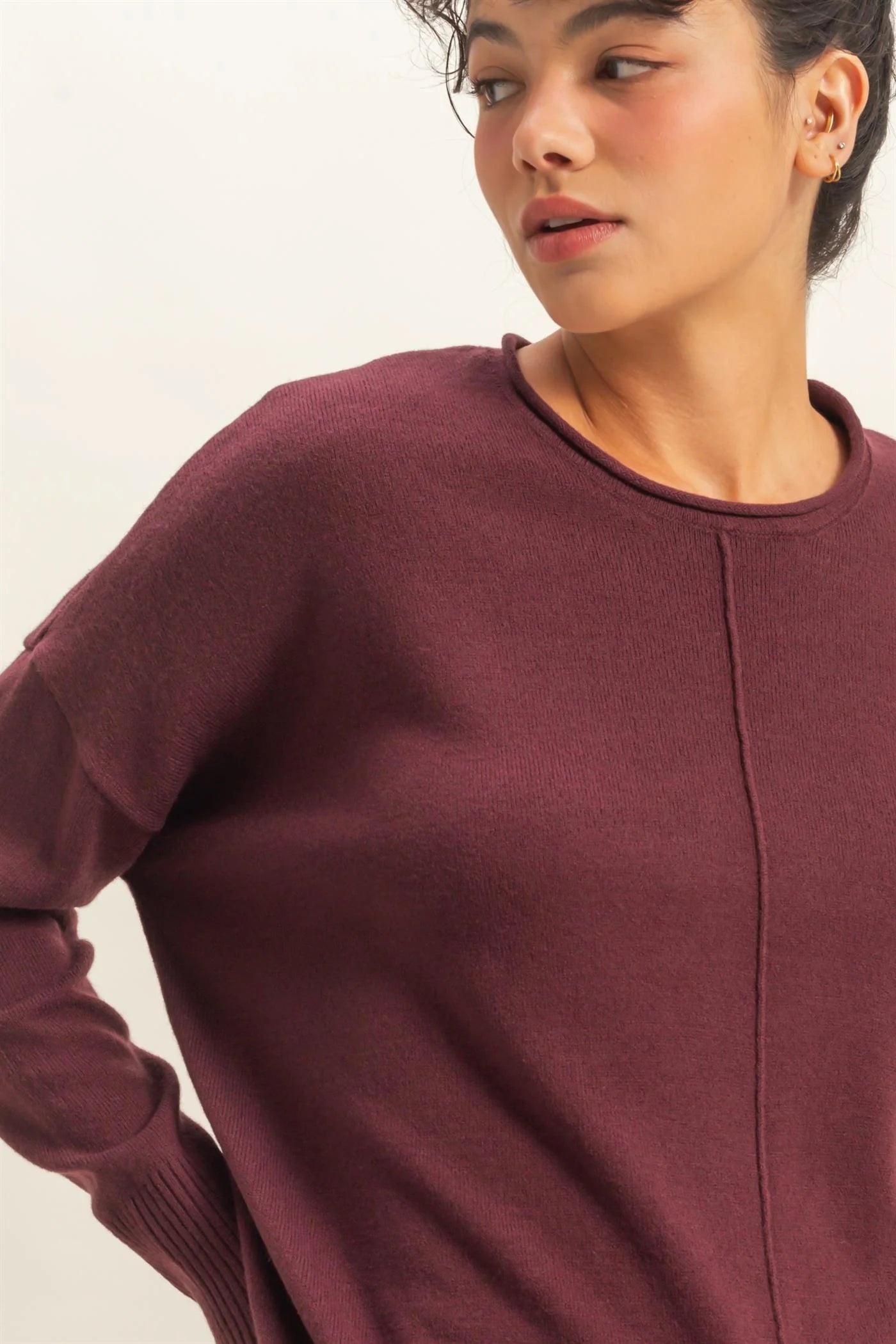 Roll Neck Drop Shoulder Sweater - Dark Cherry