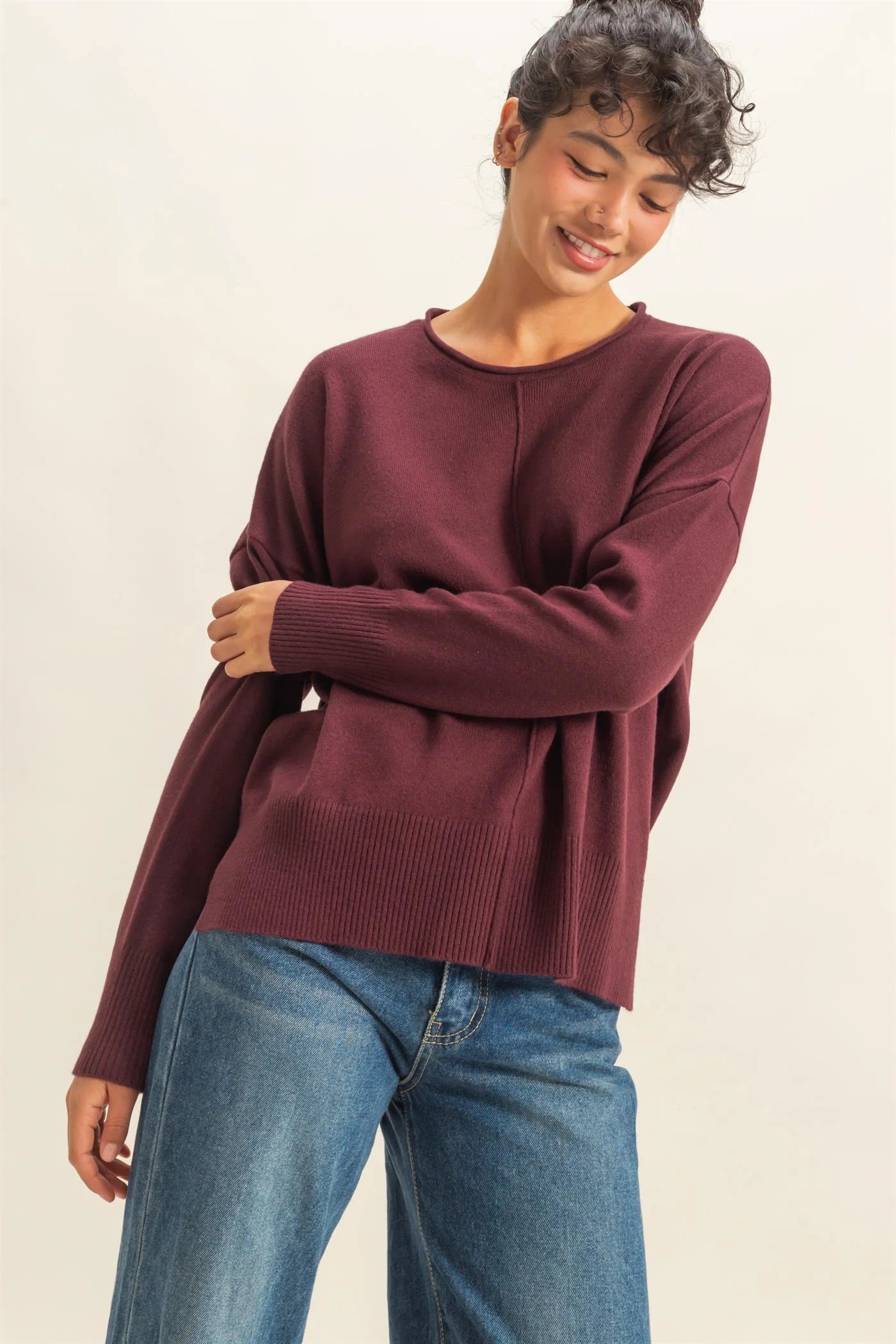 Roll Neck Drop Shoulder Sweater - Dark Cherry