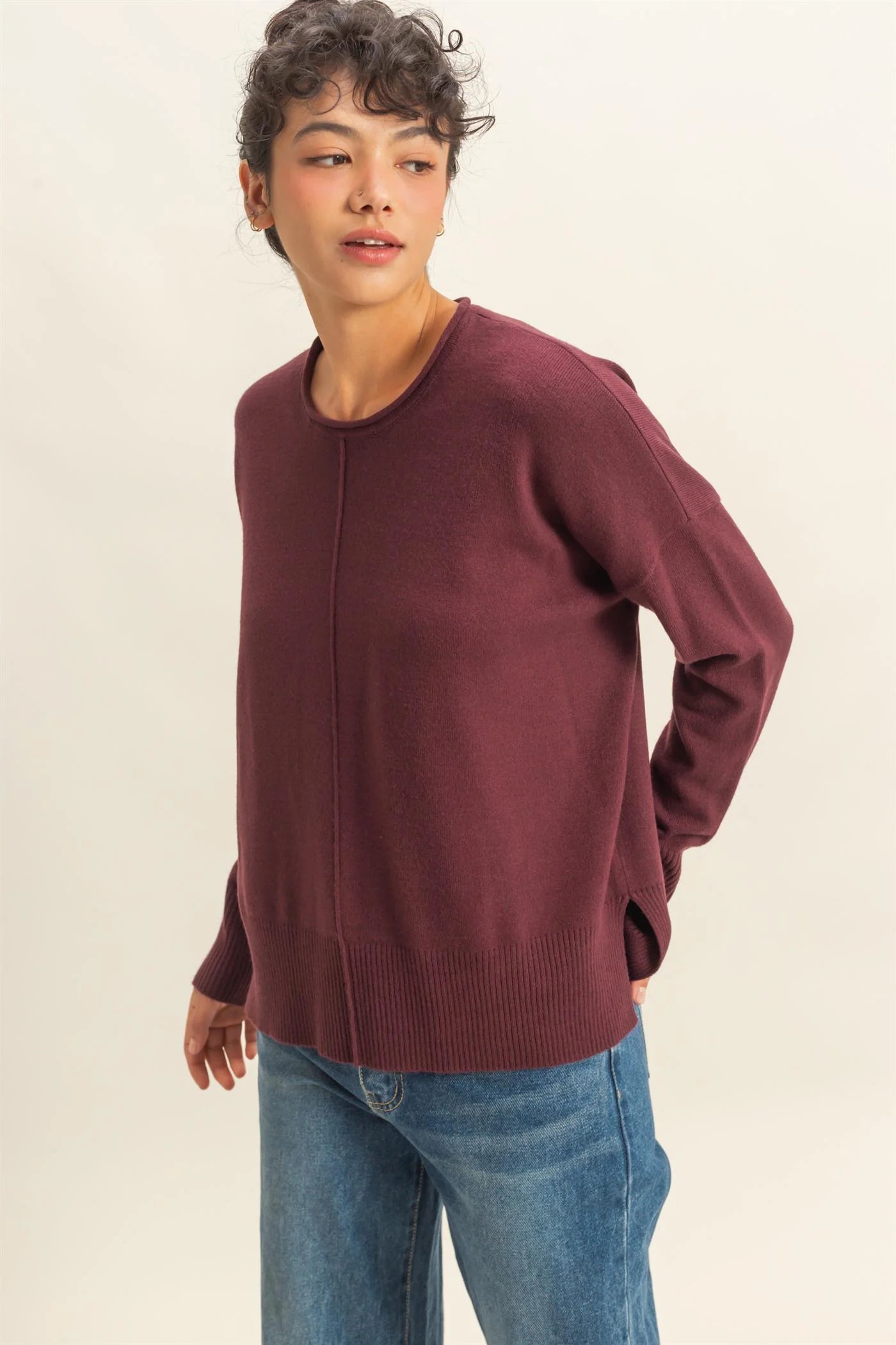Roll Neck Drop Shoulder Sweater - Dark Cherry