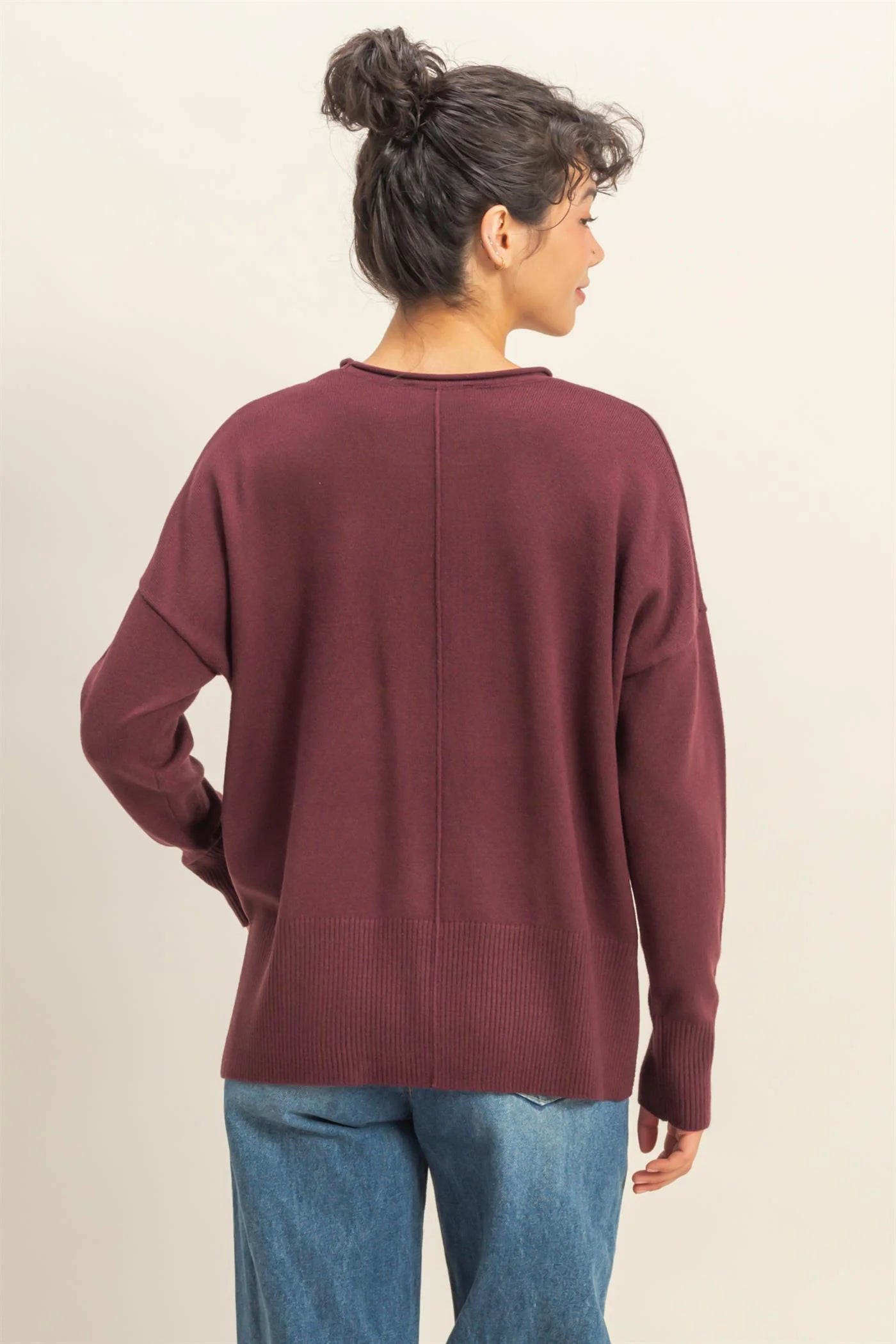 Roll Neck Drop Shoulder Sweater - Dark Cherry
