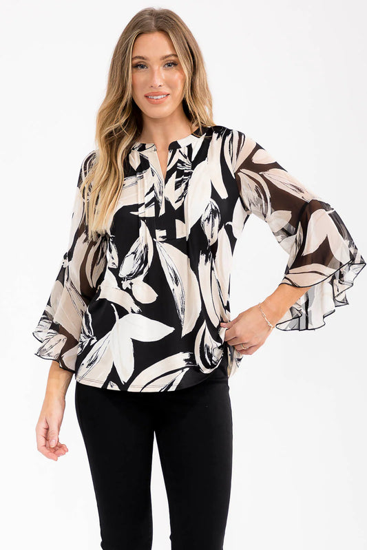 Floral Pintuck Angel Blouse - Black/Tan/Cream