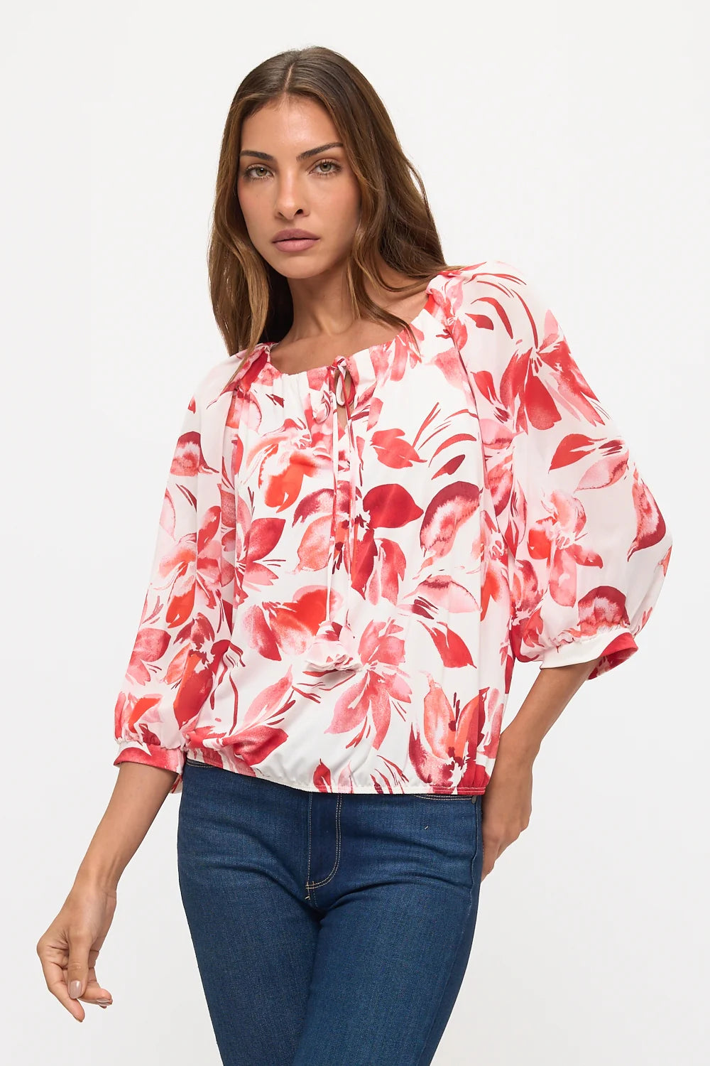 Tropical Bubble Hem Raglan Peasant Top - Ivory/Red