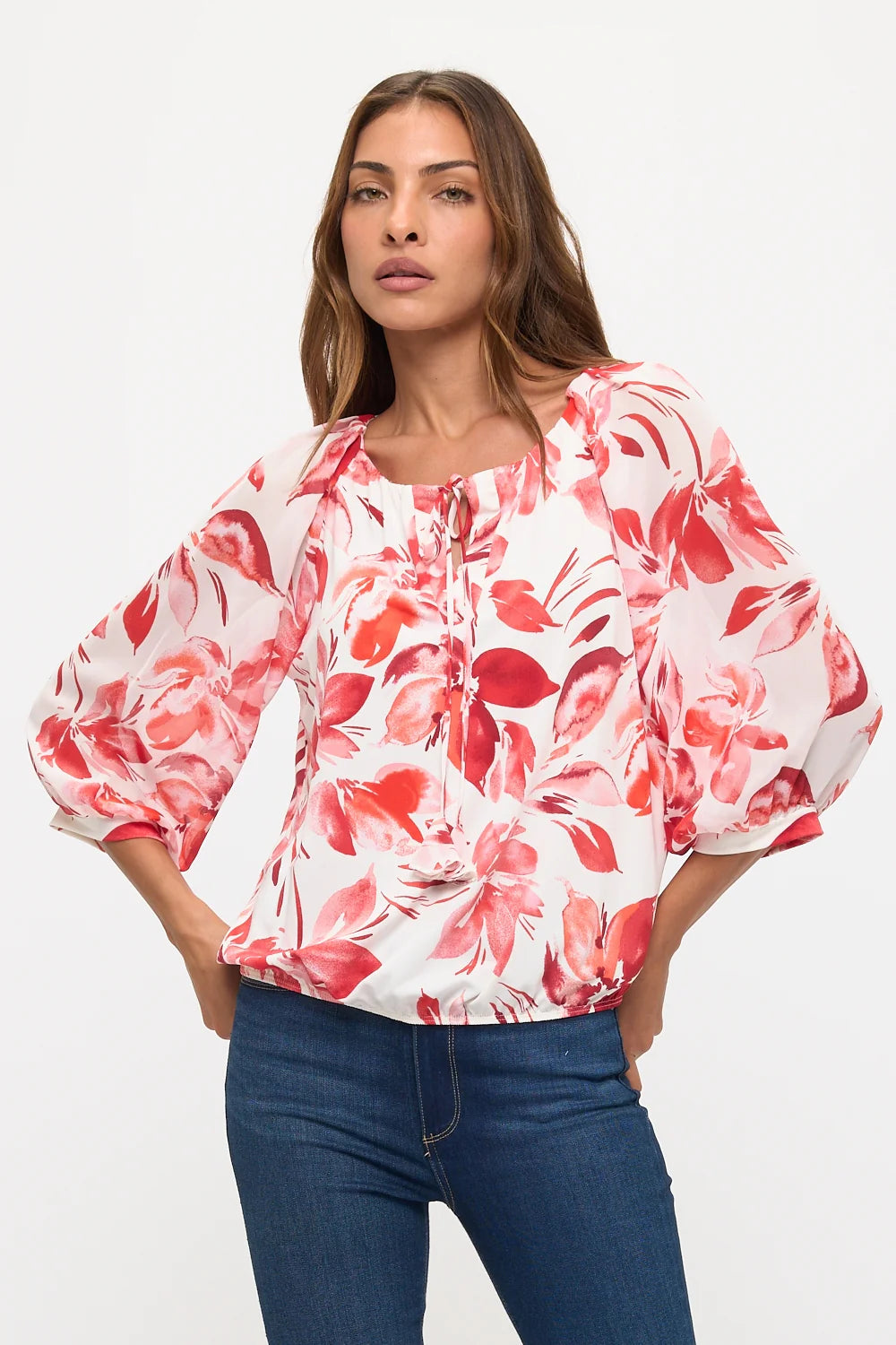 Tropical Bubble Hem Raglan Peasant Top - Ivory/Red