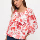 Tropical Bubble Hem Raglan Peasant Top - Ivory/Red