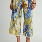 Abstract Print Wide Leg Pants with Trim Details - Blue