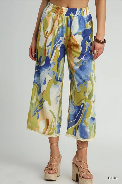 Abstract Print Wide Leg Pants with Trim Details - Blue