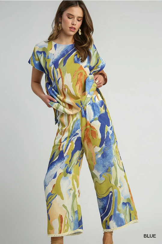 Abstract Print Wide Leg Pants with Trim Details - Blue