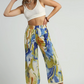 Abstract Print Wide Leg Pants with Trim Details - Blue