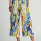 Abstract Print Wide Leg Pants with Trim Details - Blue