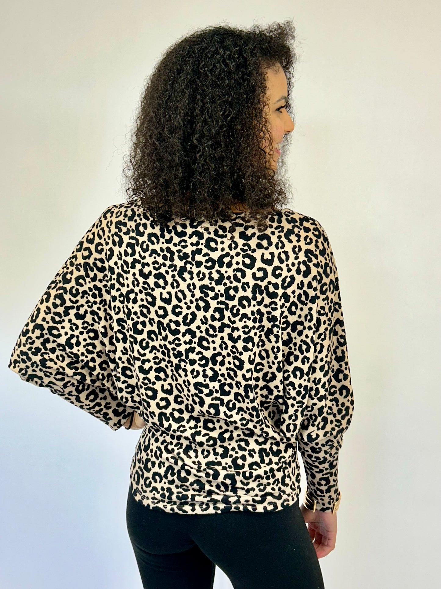 Cashmere Animal Print Dolman Top - Khaki/Black