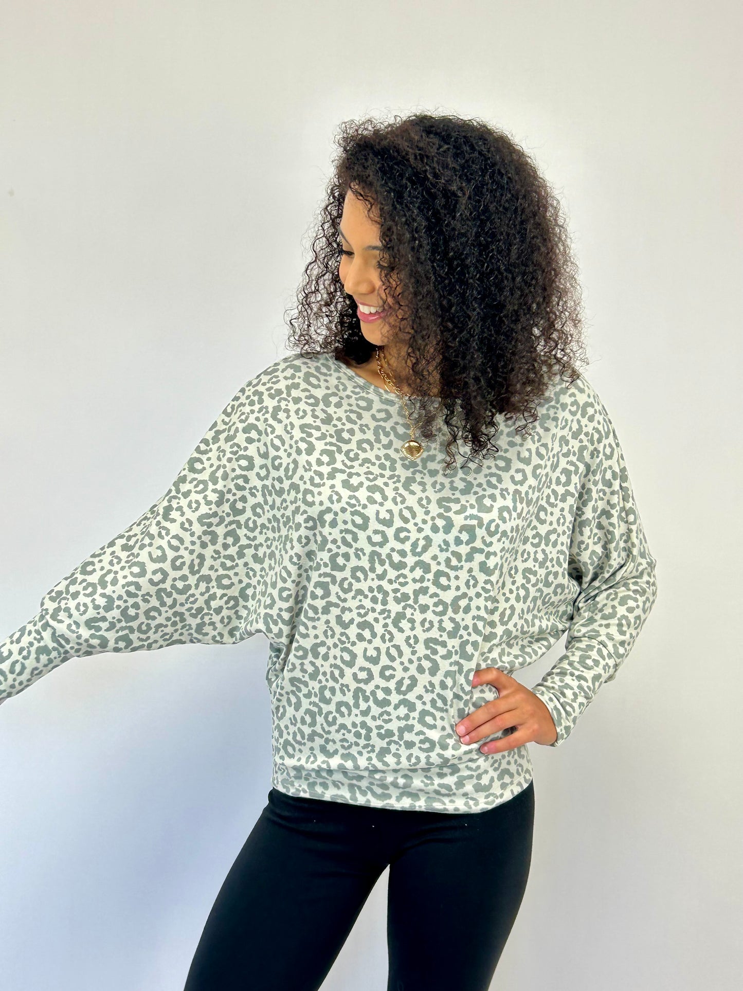 Cashmere Animal Print Dolman Top - Birch/Grey