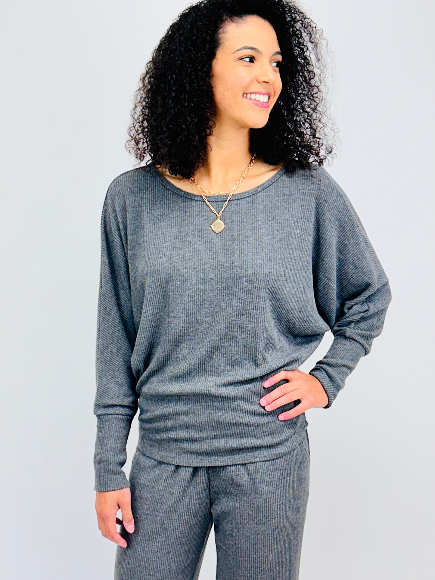 Cashmere Rib Dolman Top - Charcoal