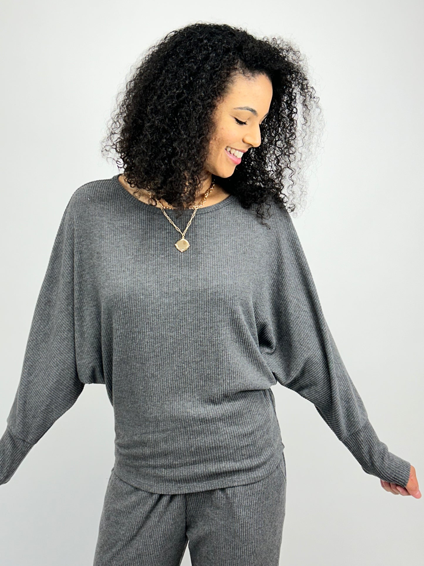 Cashmere Rib Dolman Top - Charcoal