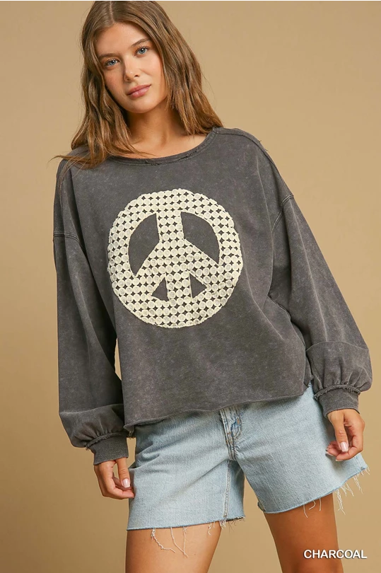 Lace Applique Peace Sign Top - Charcoal