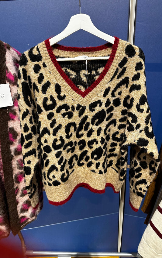 Leopard Sweater with Red Trim - Brown