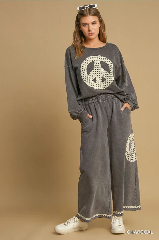 Lace Applique Peace Sign Top - Charcoal