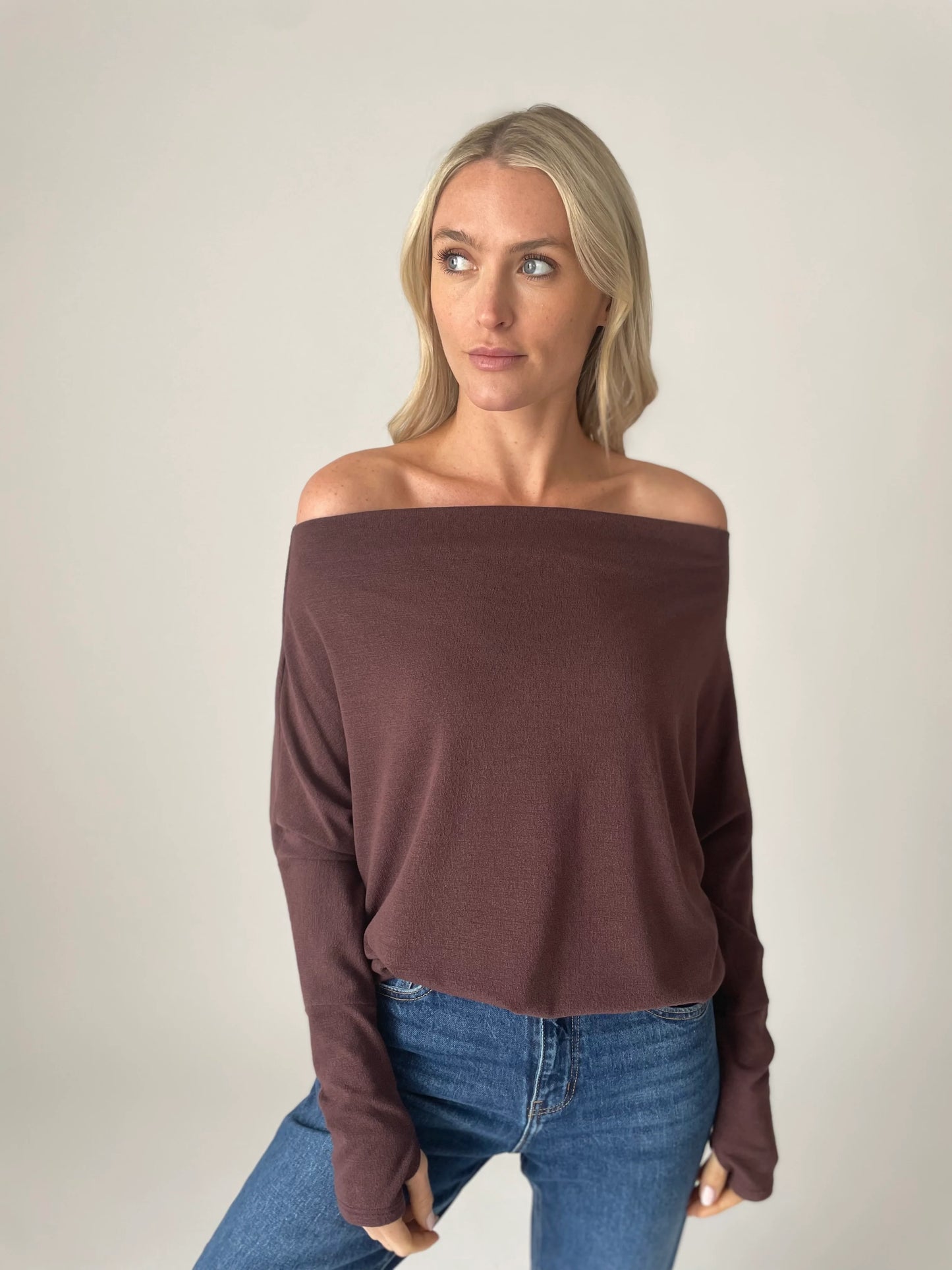 On/Off Shoulder Top - Raisin ONLY 1 LARGE LEFT