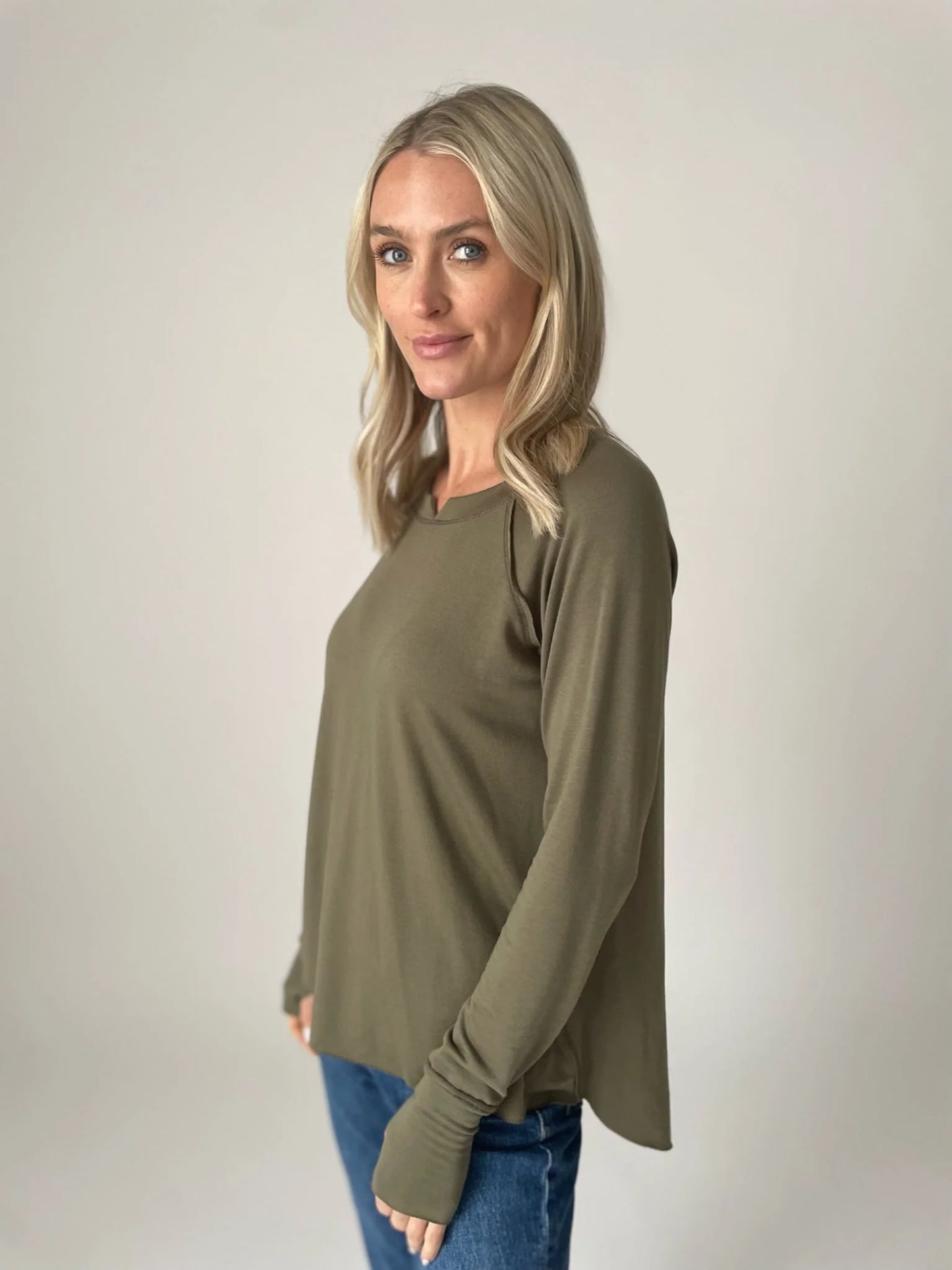 LS Split Neckline Raw Hem Tee - Olive  ONLY 1 M LEFT