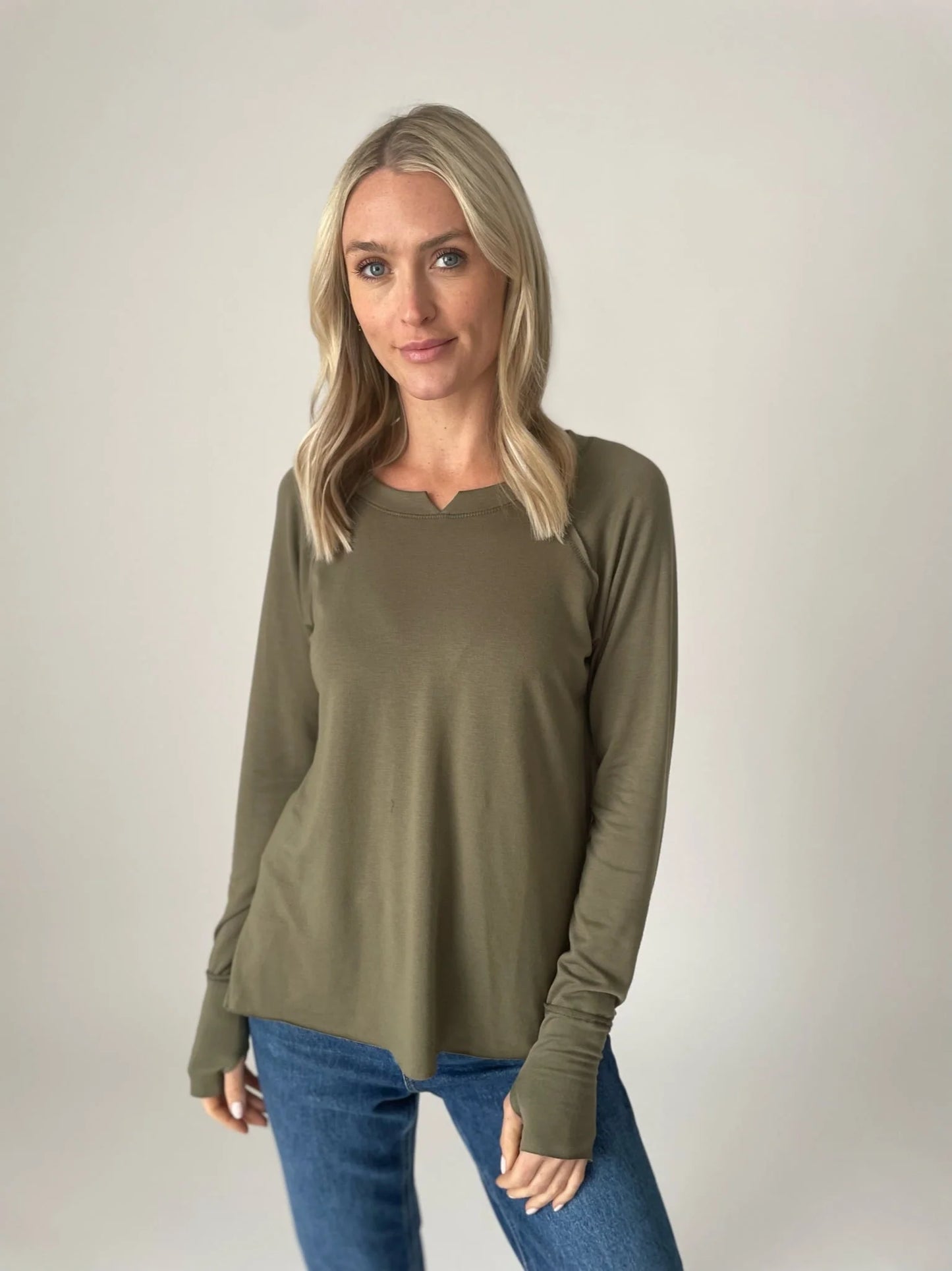 LS Split Neckline Raw Hem Tee - Olive  ONLY 1 M LEFT