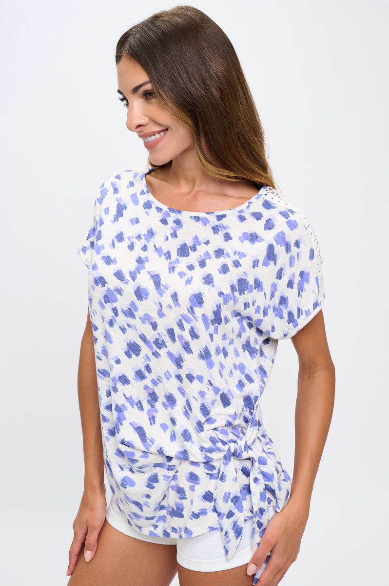 Crochet Shoulder Side Tie Top - Ivory/Blue/Navy