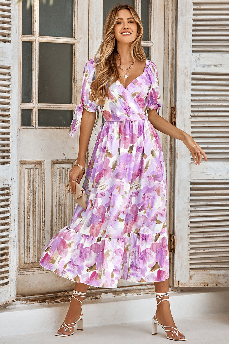 Floral Print Surplice Ruffle Dress - Purple ONLY 1 XL LEFT