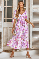 Floral Print Surplice Ruffle Dress - Purple