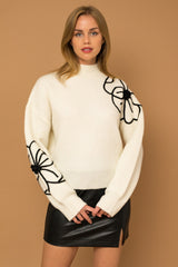 Flower Embroidered Sweater - Ivory/Black  ONLY 1 LARGE LEFT