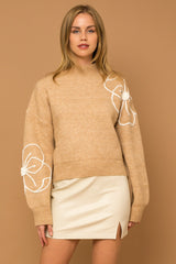 Flower Embroidered Sweater - Taupe/Ivory ONLY 1 LARGE LEFT