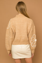 Flower Embroidered Sweater - Taupe/Ivory ONLY 1 LARGE LEFT