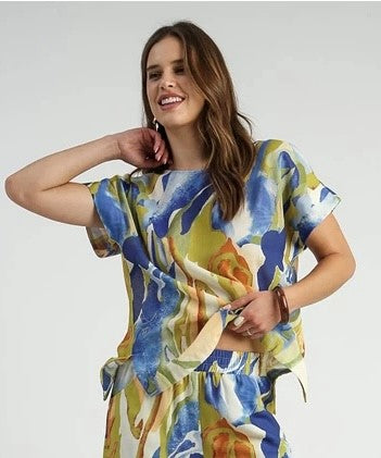 Abstract Print Top with Side Slit - Blue