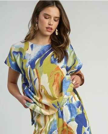 Abstract Print Top with Side Slit - Blue