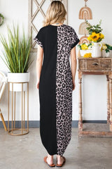Leopard Patchwork T-Shirt Dress with Slits - Black Leopard