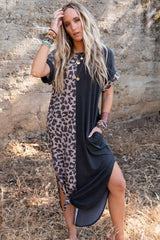 Leopard Patchwork T-Shirt Dress with Slits - Black Leopard
