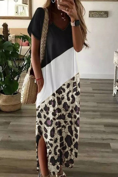 Diagonal Color Block T-Shirt Maxi Dress - Black, White & Leopard ONLY 1 SMALL LEFT